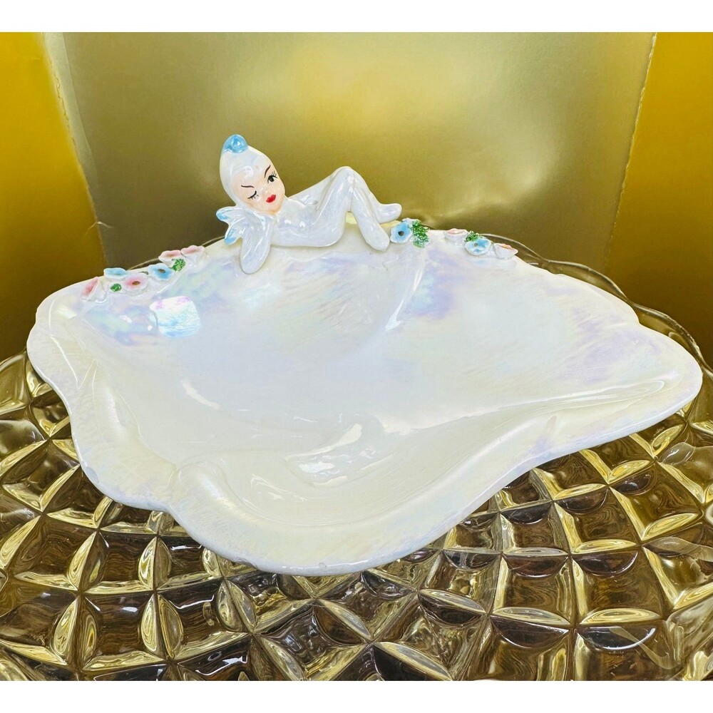 Vintage Lefton Pixie Elf Iridescent Lusterware Candy Dish Tray Japan MCM